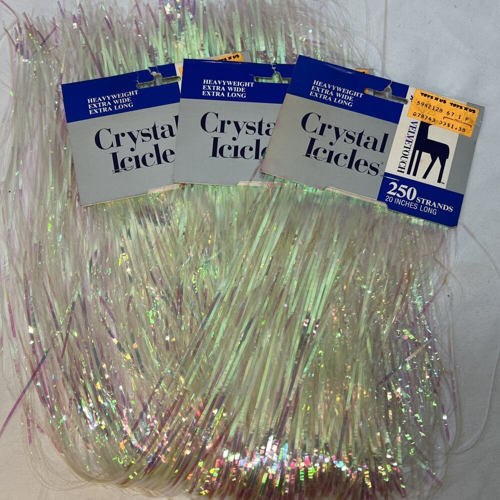 Vintage 3 Packs Crystal Icicles Tinsel Iridescent 750 Strands 20” Velvetouch USA